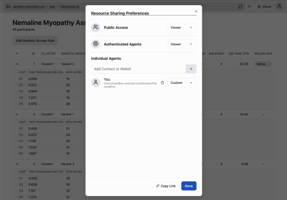 Resource Sharing Preferences dialog showing Public Access, Authenticated Agents, and Individual Agents fields with WebID entry