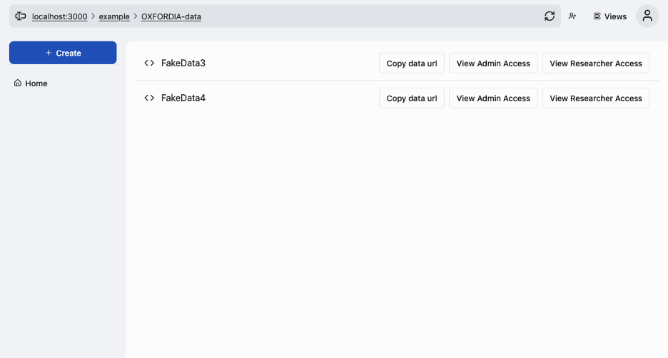 The OXFORDIA data dashboard showing two datasets with Copy data url, View Admin Access, and View Researcher Access actions