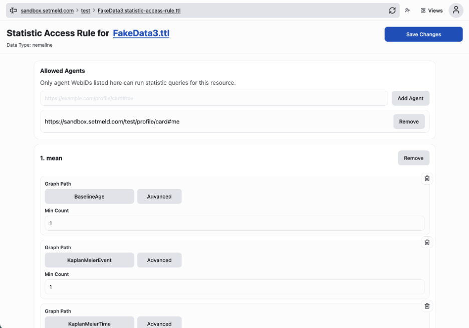 Statistic Access Rule editor showing Allowed Agents field and mean statistic configuration with graph paths BaselineAge, KaplanMeierEvent, and KaplanMeierTime